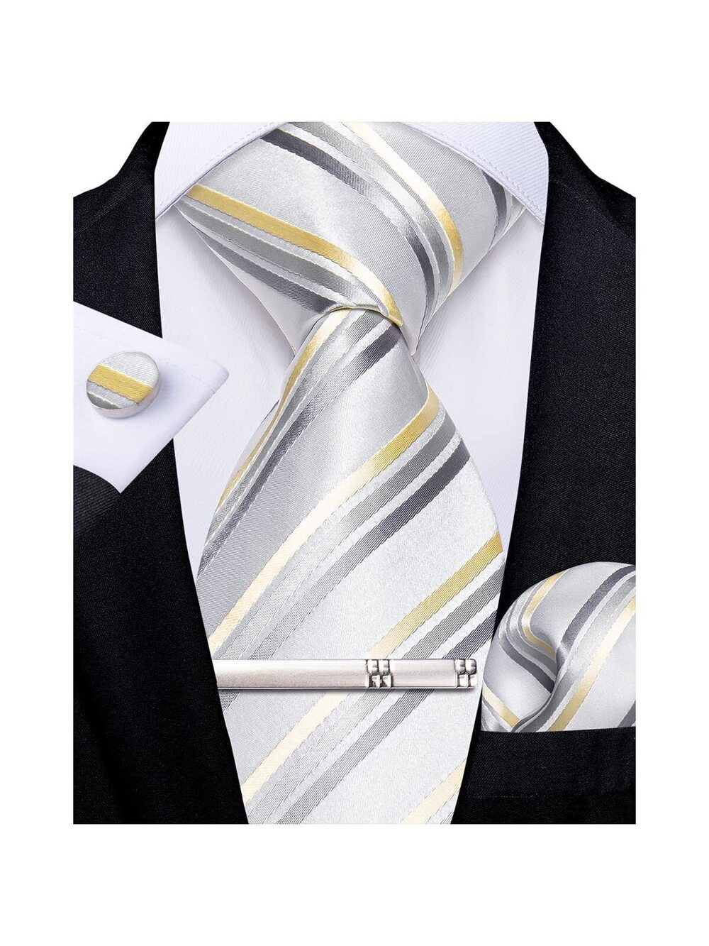 8160 Striped Tie Silk Woven Necktie and Pocket Square Cufflinks Tie Clip